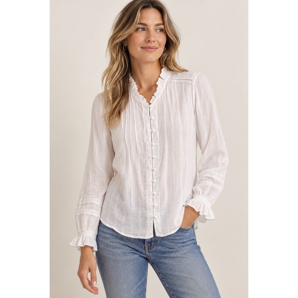 Faherty Willa Blouse Women’s S White Organic Cotton Pintuck Ruffle Peasant Top